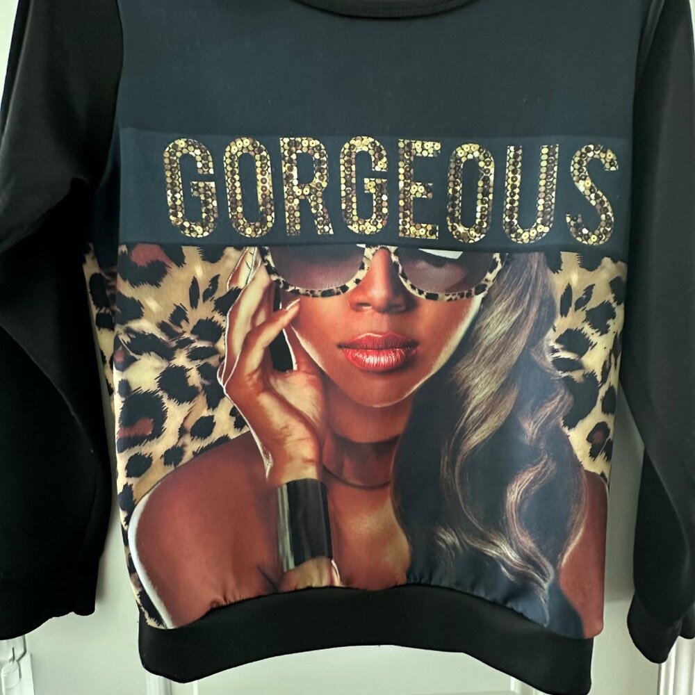 Gorgeous Leopard Print "Gorgeous" Graphic Sweatshirt By Blush Black & Multicolor - Picture 5 of 6